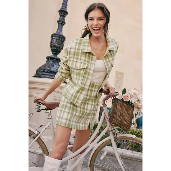 Lulus Plaid Love Ivory And Green Plaid Shacket and Skirt Set - Size XS - Picture 1 of 1